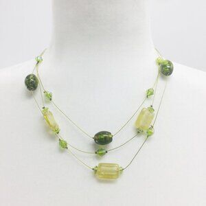 Green Glass Bead Triple Strand Wire Necklace Adjustable Layered Necklace